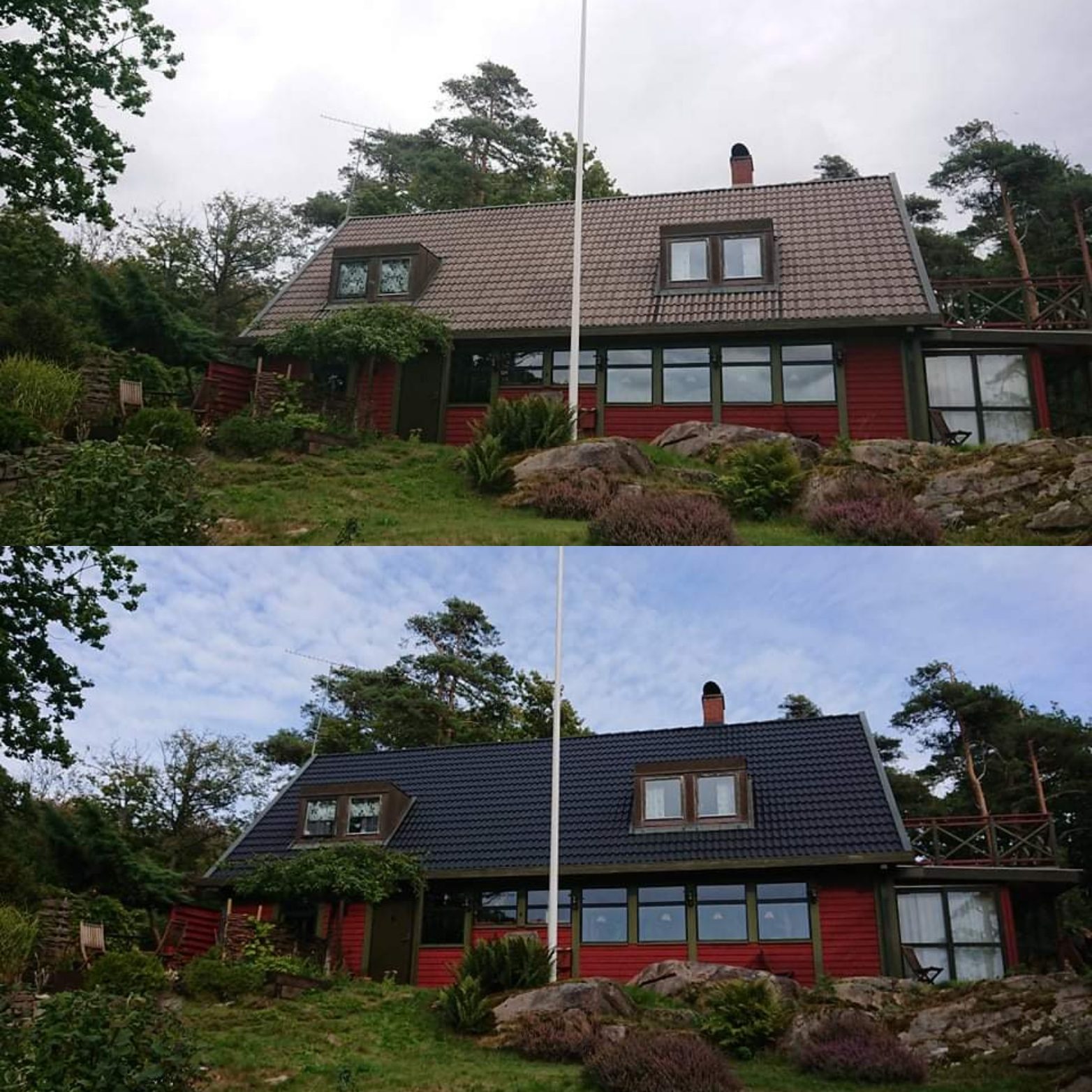 Före och efter – takmålning på villa i Stockholmsområdet
