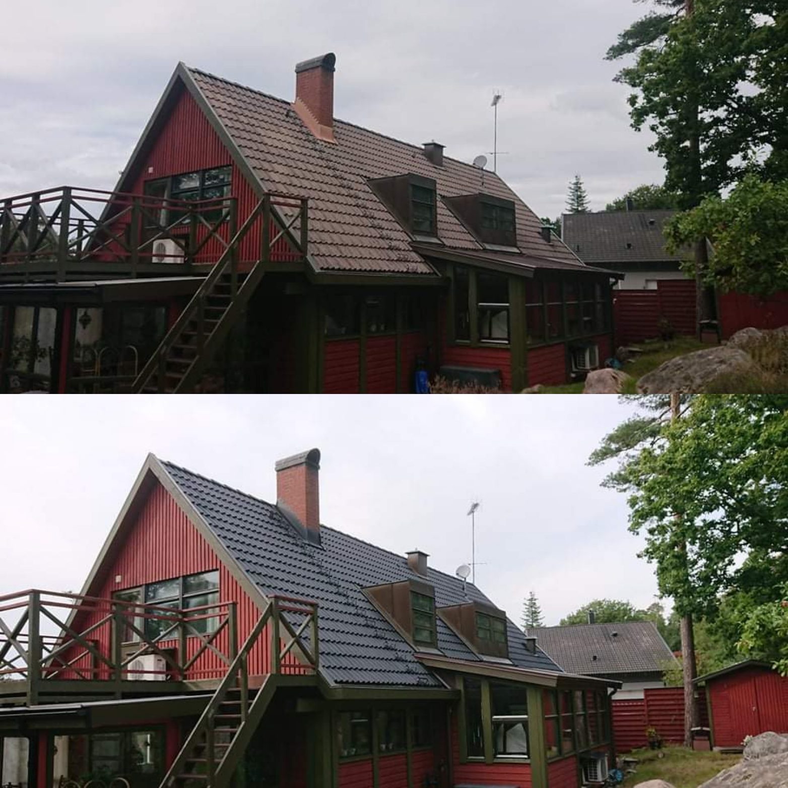 Före och efter – takmålning på hus med altan