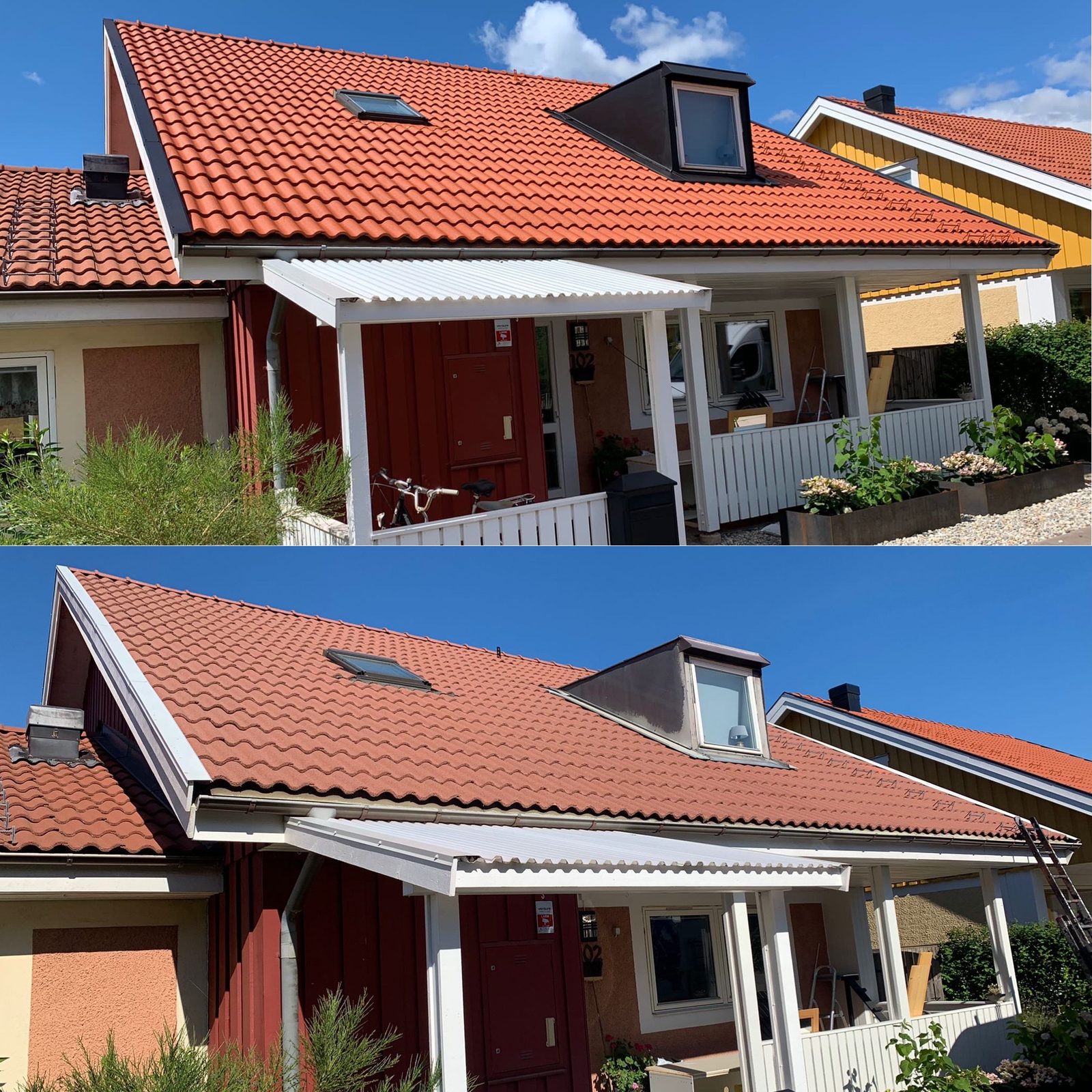Före och efter – takrengöring med bevarad tegelkulör