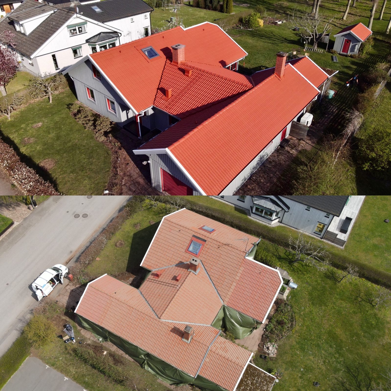 Drönarbild av pågående takprojekt