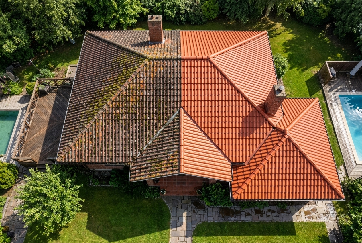 Taktvätt av villa – före och efter
